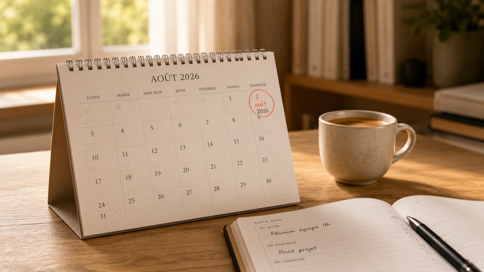 Calendrier ouvert sur le mois d'août 2026 avec la date du 2 août entourée en rouge, posé sur un bureau en bois.