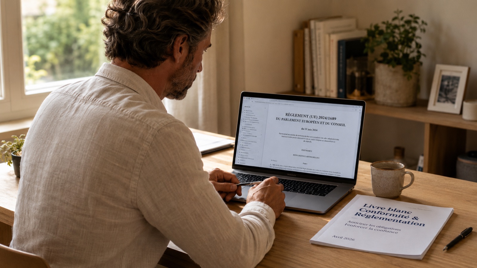 Bureau lumineux avec un ordinateur portable affichant le règlement européen sur l'intelligence artificielle, à côté du livre blanc imprimé.